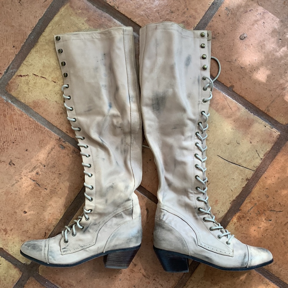 Free People Lace-Up Knee-High Boots in Light Beige - Picture 2 of 5